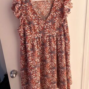 SHEIN Rust Floral Ruffle-Sleeve Mini Dress